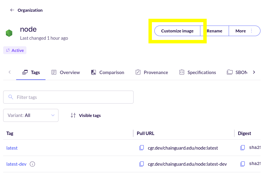 Screenshot of a Custom Assembly container (named 'customized_node') page with the 'Customize Container' button highlighted in a yellow box.